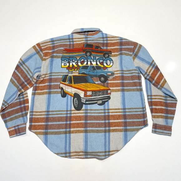 Ford Tops - Ford Bronco Plaid Blue Brown Women Flannel  Button Down Shirt Size Medium